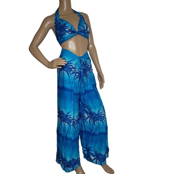 in gear Hawaiian blue palm tree one size outfit bikini top with tie pants. - Picture 1 of 10